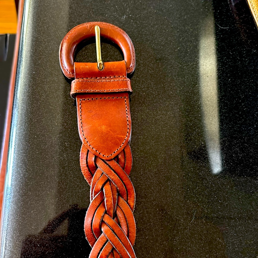Woven brown leather coach belt petite